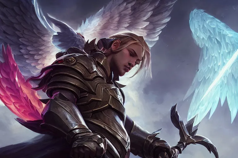 Image similar to amazing portrait of archangel micheal, league of legends splash art, deiv calviz, splash art, natural light, elegant, intricate, fantasy, atmospheric lighting, by greg rutkowski, league of legends splash art, hd wallpaper, ultra high details