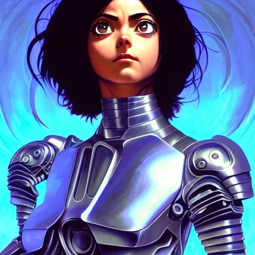 Image similar to Character Portrait of Battle Angel Alita surrounded by geometric nodes, face, fantasy, intricate, elegant, highly detailed, digital painting, artstation, concept art, smooth, sharp focus, illustration, art by Greg Manchess and Fernanda Suarez and Artem Demura and alphonse mucha