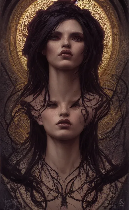 Image similar to portrait of a dark goddess, dark filaments, shadows, menacing, frightening, intricate, headshot, highly detailed, digital painting, artstation, concept art, sharp focus, cinematic lighting, illustration, art by artgerm and greg rutkowski, alphonse mucha, cgsociety