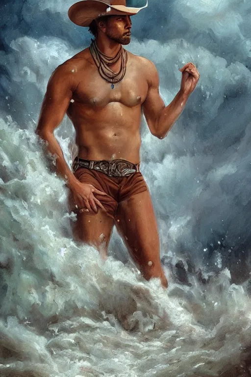 Prompt: a dramatic, epic, ethereal painting of a handsome brown shirtless cowboy | background is a torrential flooding river | tarot!! card, art deco, art nouveau | by Mark Maggiori | trending on artstation