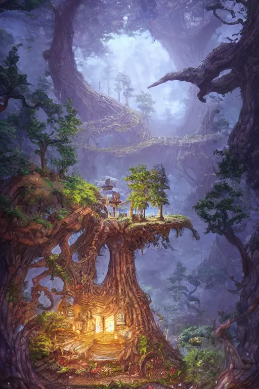 Image similar to a miniature city built into the trunk of a single colossal tree in the forest, with tiny people, in the style of tyler edlin, lit windows, small figure looking out in the foreground, close - up, low angle, wide angle, awe - inspiring, highly detailed digital art