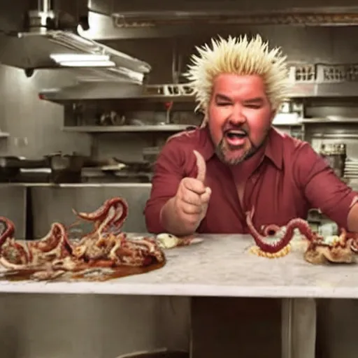 Prompt: guy fieri, mixed with an eldritch horror monster, with tentacles, in a restaurant kitchen, film still from the movie directed by denis villeneuve with art direction by salvador dali