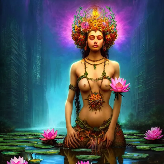 Prompt: Beautiful 3d render of the flower queen goddess in a sensual pose near a pond full of lotus, atmospheric lighting, painted, intricate, volumetric lighting, beautiful, rich deep colours masterpiece, sharp focus, ultra detailed, in the style of Dan Mumford and marc simonetti, with a crowded futuristic cyberpunk city in the background, astrophotography