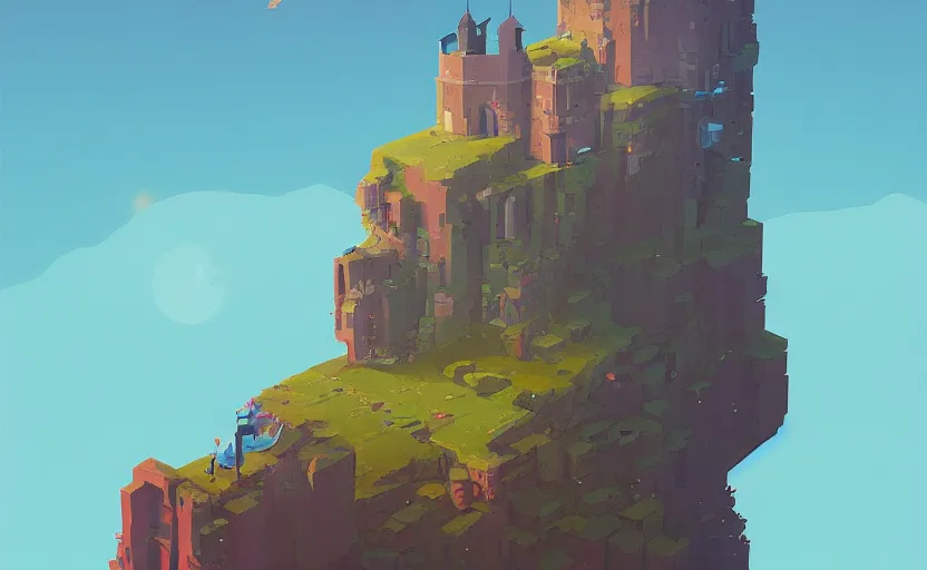 Prompt: old tiny castle on a hill, james gilleard, moebius, print, game art