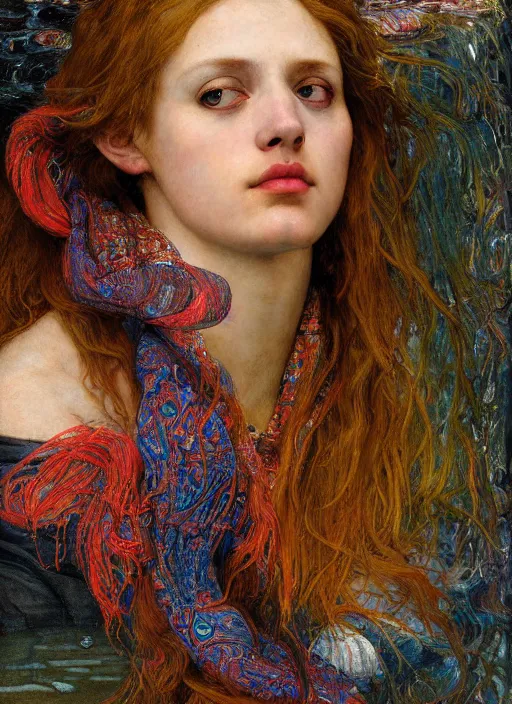 Prompt: close up portrait of a beautiful water nymph in lake, wearing a scarf with colourful intricate psychodelic patterns, by edgar maxence and caravaggio and michael whelan and delacroix style, artistic, intricate drawing, light brazen, realistic fantasy, extremely detailed and beautiful aesthetic face, establishing shot, 8 k resolution, dramatic lighting