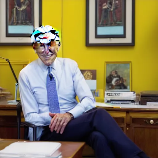 Prompt: joe biden inside an endless office with yellow walls