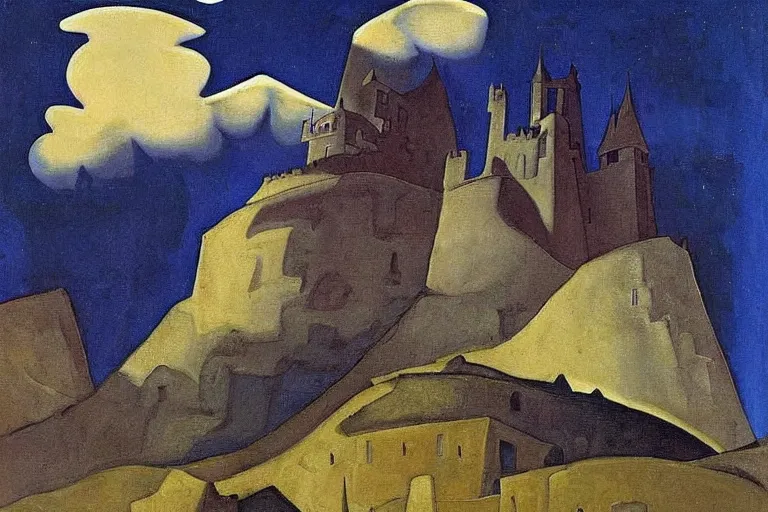 Prompt: A oil painting of a castle in the mountains at night by Nicholas Roerich, by Georgia o Keeffe, by Gustave Moreau