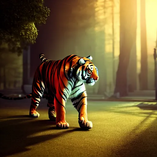 Image similar to photo of a man walking a tiger like a dog ultra realistic, lens flare, atmosphere, glow, detailed, intricate, full of colour, cinematic lighting, trending on artstation, 4 k, hyperrealistic, focused, extreme details, unreal engine 5, cinematic, masterpiece, ultra realistic, hyper realistic, highly detailed, sharp focus, digital art