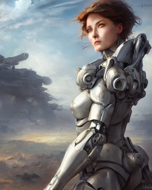 Image similar to daniel gerhartz and artgerm full portrait digital rococo painting of a beautiful serious woman wearing a mecha suit, war torn battlefield in the background, unreal engine, hyper realism, realistic shading, cinematic composition, blender render, octane render, hdr, detailed textures, photorealistic, wide shot, 3 5 mm film