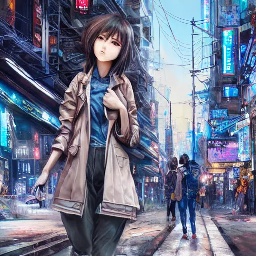 Image similar to dynamic composition, motion, ultra-detailed, incredibly detailed, a lot of details, amazing fine details and brush strokes, colorful and grayish palette, smooth, HD semirealistic anime CG concept art digital painting, watercolor oil painting of Clean and detailed post-cyberpunk sci-fi close-up girl wearing jacket and skirt, in asian city in style of cytus and deemo, blue flame, relaxing, calm and mysterious vibes,, by a Chinese artist at ArtStation, by Huang Guangjian, Fenghua Zhong, Ruan Jia, Xin Jin and Wei Chang. Realistic artwork of a Chinese videogame, gradients, gentle an harmonic grayish colors. set in half-life 2, Matrix, GITS, Blade Runner, Neotokyo Source, Syndicate(2012), dynamic composition, beautiful with eerie vibes, very inspirational, very stylish, with gradients, surrealistic, dystopia, postapocalyptic vibes, depth of field, mist, rich cinematic atmosphere, perfect digital art, mystical journey in strange world