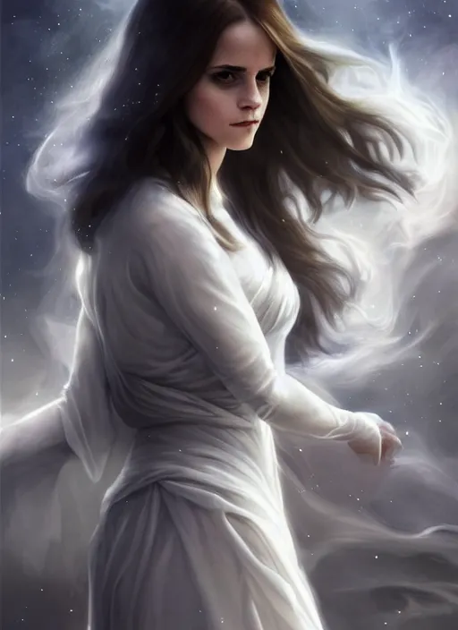 Image similar to emma watson as dark magic celestial, long hair, white and transparent cloth, space, D&D, shiny background, intricate, elegant, highly detailed, digital painting, artstation, concept art, smooth, sharp focus, illustration, artgerm, bouguereau