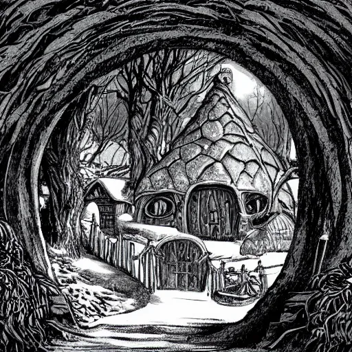 Image similar to a detailed illustration of hobbiton in winter, from the lord of the rings, round doors, hobbit burrows, a fat happy hobbit smoking a pipe