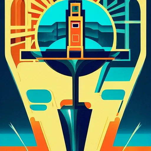 Image similar to an art deco painting by tom whalen, behance contest winner, retrofuturism, poster art, reimagined by industrial light & magic