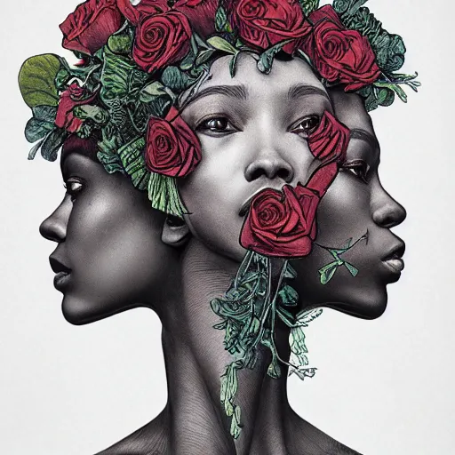 Image similar to the anatomy of a head of lettuce with roses that resemble a beautiful young african woman looking up, an ultrafine detailed illustration by james jean, intricate linework, bright colors, final fantasy, behance contest winner, vanitas, angular, altermodern, unreal engine 5 highly rendered, global illumination, radiant light, detailed and intricate environment