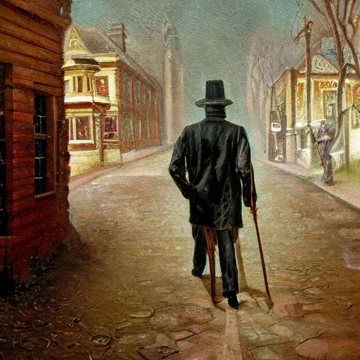 Image similar to oil painting of a man walking down a Victorian street, wearing cursed wrappings, with a mage staff, by H P Lovecraft