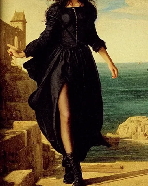 Image similar to style of claude lorrain : : gorgeous willa holland : : evil witch, swirling black magic, black dress : : symmetrical face, symmetrical eyes : : full body pose : : gorgeous black hair : : magic lighting, low spacial lighting : :