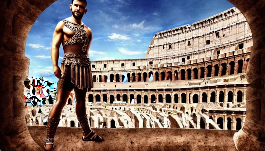 Image similar to full body portrait, gladiator, colosseum, hyperrealism, detailed and intricate environment,