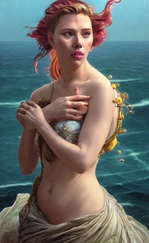 Image similar to portrait of the birth of venus, scarlett johansonn as a character in arabian Cyberpunk 2077, looking at camera, intricate, dystopian, sci-fi, extremely detailed, digital painting, artstation, concept art, smooth, sharp focus, illustration, intimidating lighting, incredible art by artgerm and greg rutkowski and alphonse mucha and simon stalenhag