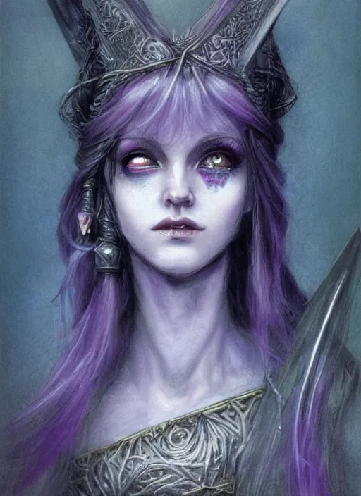 Image similar to portrait of young female sorceress of the endtimes, transluscent skin, lavender hair, beautiful! coherent! dungeons and dragons character, by brian froud, strong line, cool night color, high contrast