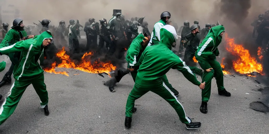 Image similar to photo of young men wearing green and white tracksuits fighting cops in a riot with burning cars, mid shot, editorial photography, night