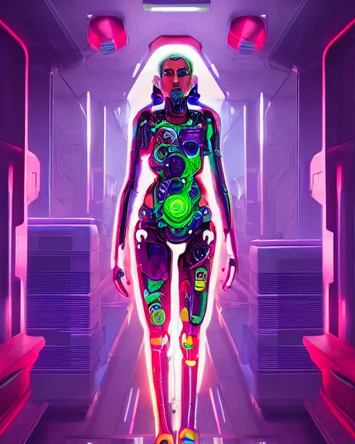 Prompt: colorful full body portrait of a cybernetic hippie, set in the future 2 1 5 0 | highly detailed | very intricate | symmetrical | professional model | cinematic lighting | award - winning | painted by mandy jurgens and ross tran | pan futurism, dystopian, bold psychedelic colors, cyberpunk, groovy vibe, anime aesthestic | featured on artstation