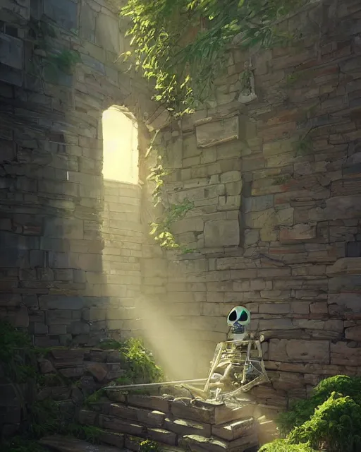 Image similar to a skeleton sitting chained up a corner, corner, long shot, stone bricks, moss, sunbeams, ancient. Atmospheric lighting, By Makoto Shinkai, Stanley Artgerm Lau, WLOP, Rossdraws, James Jean, Andrei Riabovitchev, Marc Simonetti, krenz cushart, Sakimichan, D&D trending on ArtStation, digital art.