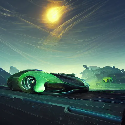 Prompt: solarpunk car, clean energy, green technology, highway, sunny day, futurism, intricate, highly detailed, digital painting, artstation, concept art, smooth, sharp focus, epic landscape, art by akihiko yoshida and tim mcburnie and anato finnstark