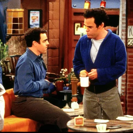 Prompt: Seinfeld and George invite Ross and Rachel at the coffee but they argue over the bill