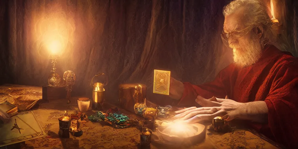 Prompt: wizard doing a tarot reading, cards, fantasy, digital art, soft lighting, 8 k, highly detailed, medium close up