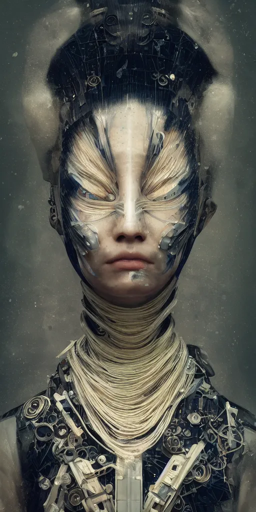 Image similar to portrait of a futuristic geisha cyborg, kintsugi, modern fine art, fractal, intricate, elegant, highly detailed, digital photography, subsurface scattering, by jheronimus bosch and greg rutkowski,