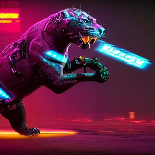 Prompt: a neon cyberpunk cyborg jaguar animal pouncing, octane render