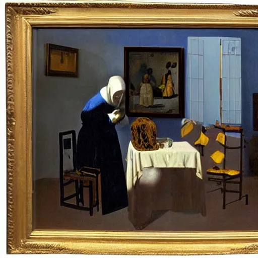 Image similar to Oil painting The Ghost of Vermeer of Delft Which Can Be Used As a Table by Salvador Dali