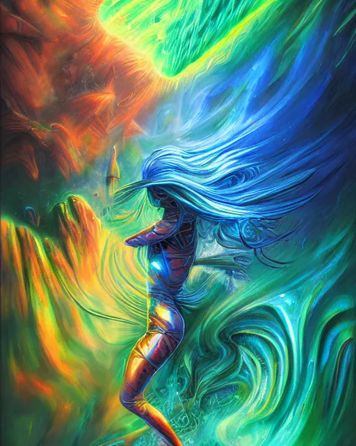 Image similar to blue and green rainbow fire, by antonio j. manzanedo, alex grey, android jones, wayne barlowe, philippe druillet, raymond swanland, cyril rolando, josephine wall, harumi hironaka, cronenburg, trending on artstation