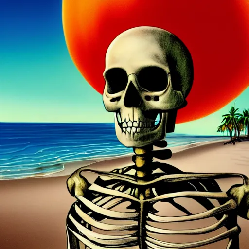 Prompt: Beautiful digital painting portrait of relaxed skeleton walking on the tropical beach with nuclear bomb explosion in the background, high quality, trending on Artstation, realistic, tropical color scheme, anatomically correct skeleton, high coherence, clear blue sky