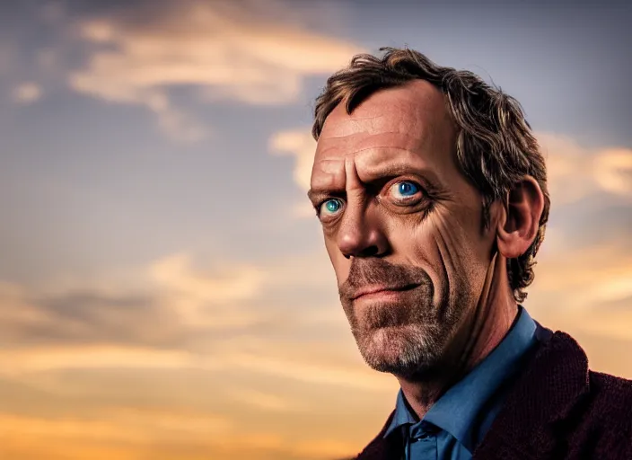 Prompt: dslr photo portrait still of hugh laurie as doctor who in front of the tardis at golden hour, 8 k, 8 5 mm f 1. 4