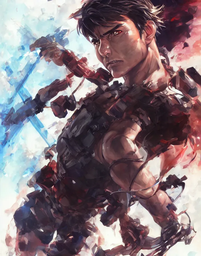 Image similar to anime portrait of tom cruise as a muscular anime boy by Stanley Artgerm Lau, WLOP, Rossdraws, James Jean, Andrei Riabovitchev, Marc Simonetti, and Sakimichan, trending on artstation