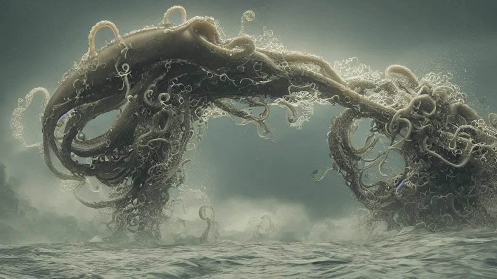 Image similar to a huge tentacled monster of the deep emerges out of the crashing waves to attack a small fishing boat, horror, trending on artstation, rendered in octane, global illumination
