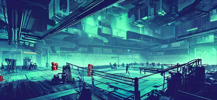 Image similar to handmade illustration of futuristic boxing ring, line art, octane render with volumetric lighting, watercolor by Kilian Eng and by Jake Parker, olympic weight room in bladerunner dystopia future, neon radioactive swamp