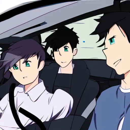 Prompt: three guys in a car facing the camera, camera pov very low from the steering wheel, anime style