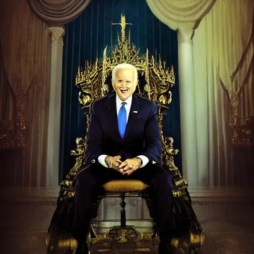 Image similar to joe biden sitting on a throne in a dark evil room with a cloak obscuring his eyes, evil grin, horror, terrifying artwork