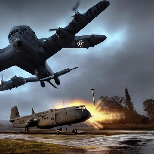 Prompt: flying lockheed hc - 1 3 0 in battlefield 4 by simon stalenhag and robbert sammelin and eric persson, 4 k, hd wallpaper, hdr, tonemapping, detailed, atmospheric, majestical lighting, saturated, wet