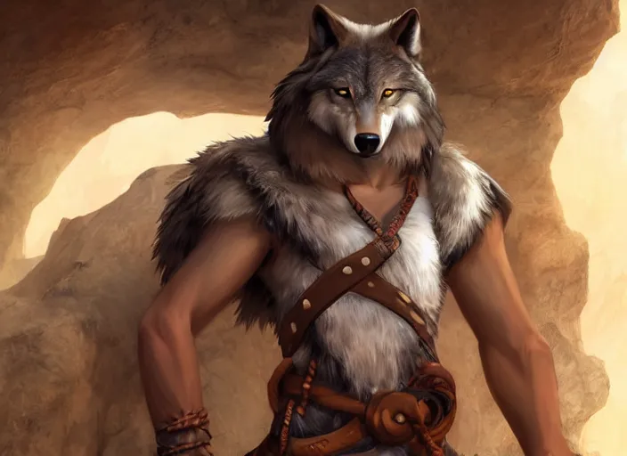 Image similar to character portrait feature of the anthro male anthropomorphic wolf fursona animal person wearing tribal primitive caveman outfit belt standing in the entrance to the cave, well framed character design stylized by charlie bowater, ross tran, artgerm, makoto shinkai, detailed, soft lighting, rendered in octane