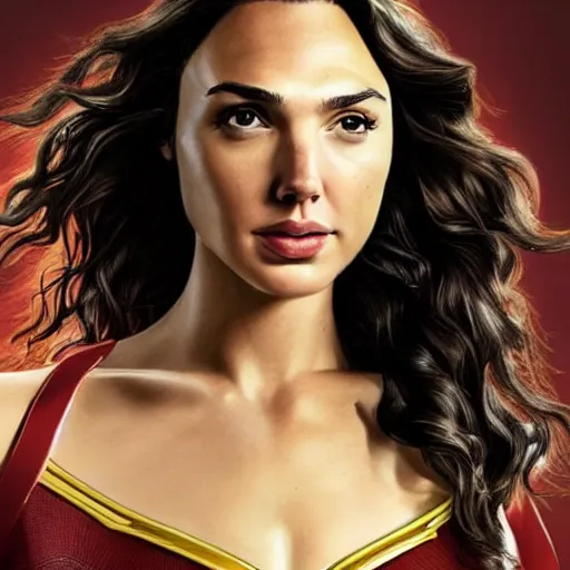 Image similar to an potrait of gal Gadot cast of movie the flash and wearing a flash suit, photorealistic high detail, full body shot.