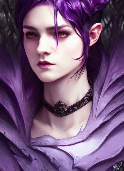 Image similar to portrait dark witch, adventurer outfit large cloak, fantasy forest landscape, dragon scales, fantasy magic, undercut hairstyle, short purple black fade hair, dark light night, intricate, elegant, sharp focus, illustration, highly detailed, digital painting, concept art, matte, art by wlop and artgerm and greg rutkowski and alphonse mucha, masterpiece