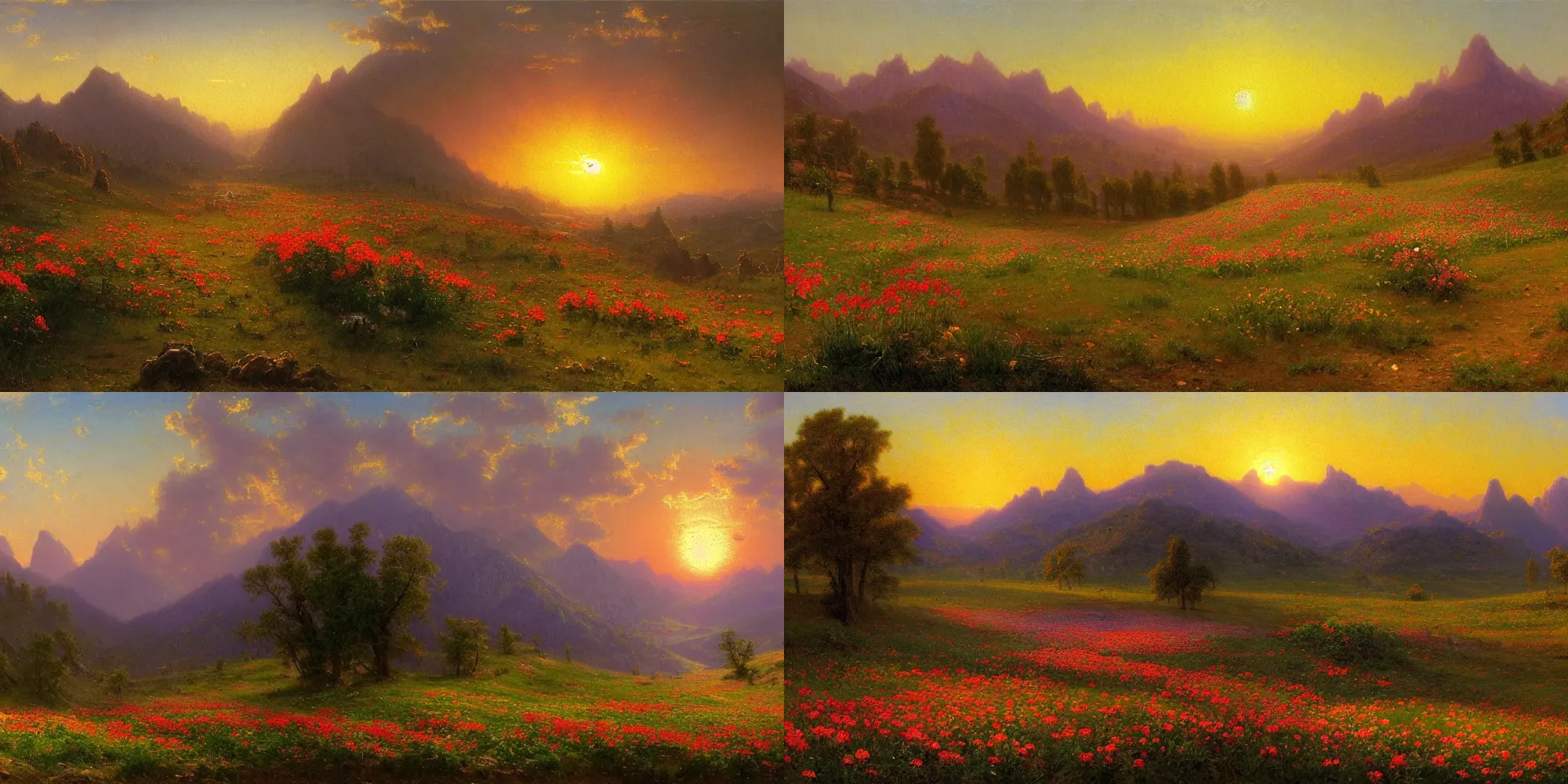 Prompt: The sun setting over valley full of vibrant flowers painted by Bierstadt, digital art, trending on artstation