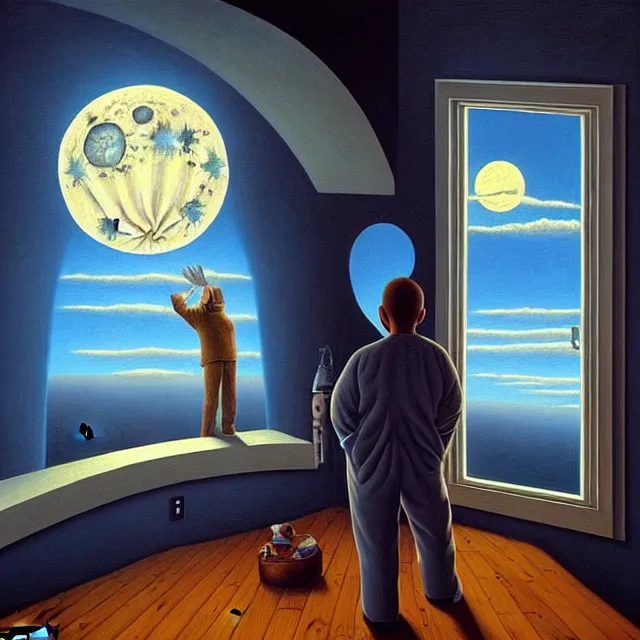 Prompt: an oil on canvas portrait of a man waking up and the moon is shining in through the window, surrealism, surrealist, lovecraftian, cosmic horror, rob gonsalves, high detail