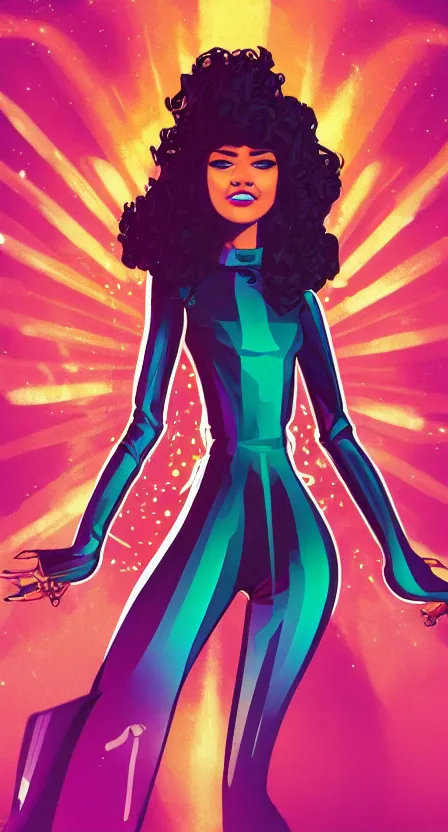 Prompt: zendaya as a disco superstar arriving in style, art poster, full body, t - pose, character design, ambient lighting, 4 k, lois van baarle, ilya kuvshinov, rossdraws, alphonse mucha, jung gi kim, dylan kowalsk, artstation