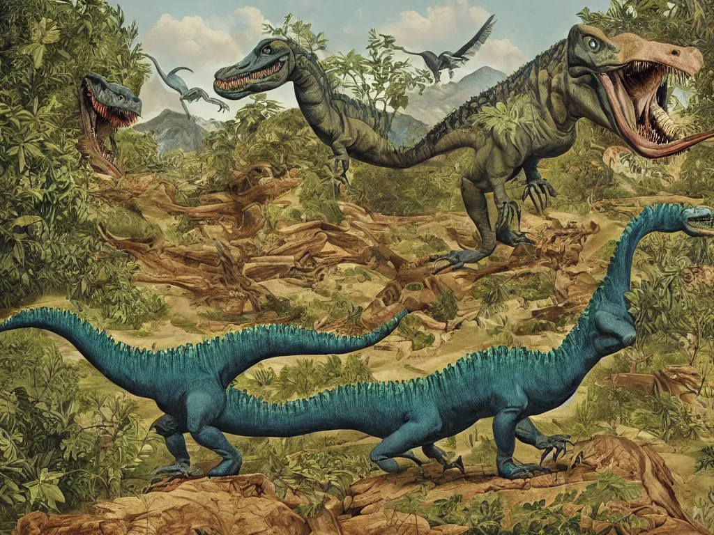 Prompt: Mutant dinosaur trapped in a ravine. Painting by Luigi Serafini, Walton Ford, Audubon