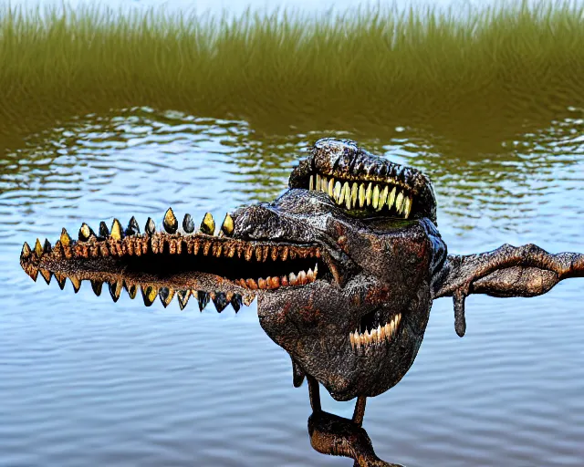 Image similar to wise zulu elder alligator guy has a sharp line of teeth. my teeth are sharp. there is a lake in the foreground with water reflections.