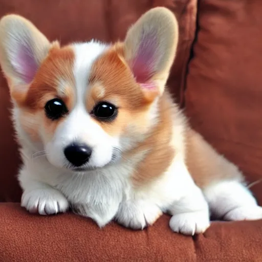 Prompt: 8k highly detailed photograph of the most adorable Corgi Puppies wearing a rainbow bandana, posing on my couch, golden hour,